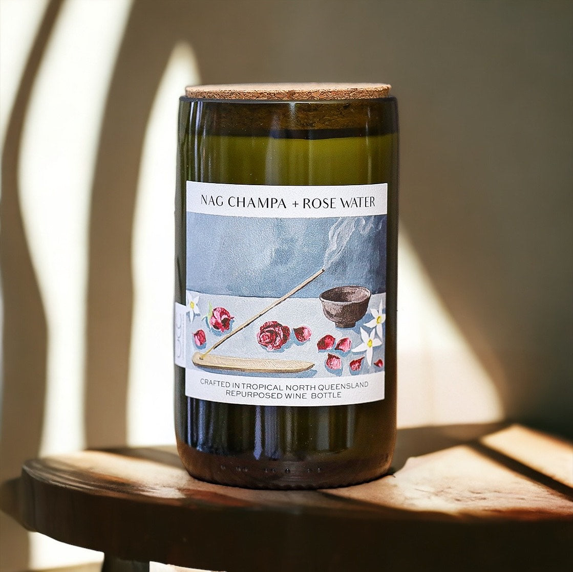 NAG CHAMPA + ROSE WATER – WINE BOTTLE CANDLE