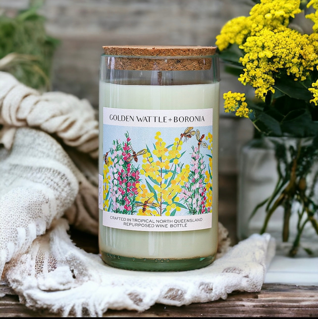 GOLDEN WATTLE + BORONIA - WINE BOTTLE CANDLE