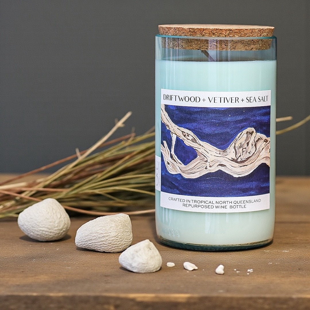 DRIFTWOOD + VETIVER + SEA SALT – WINE BOTTLE CANDLE