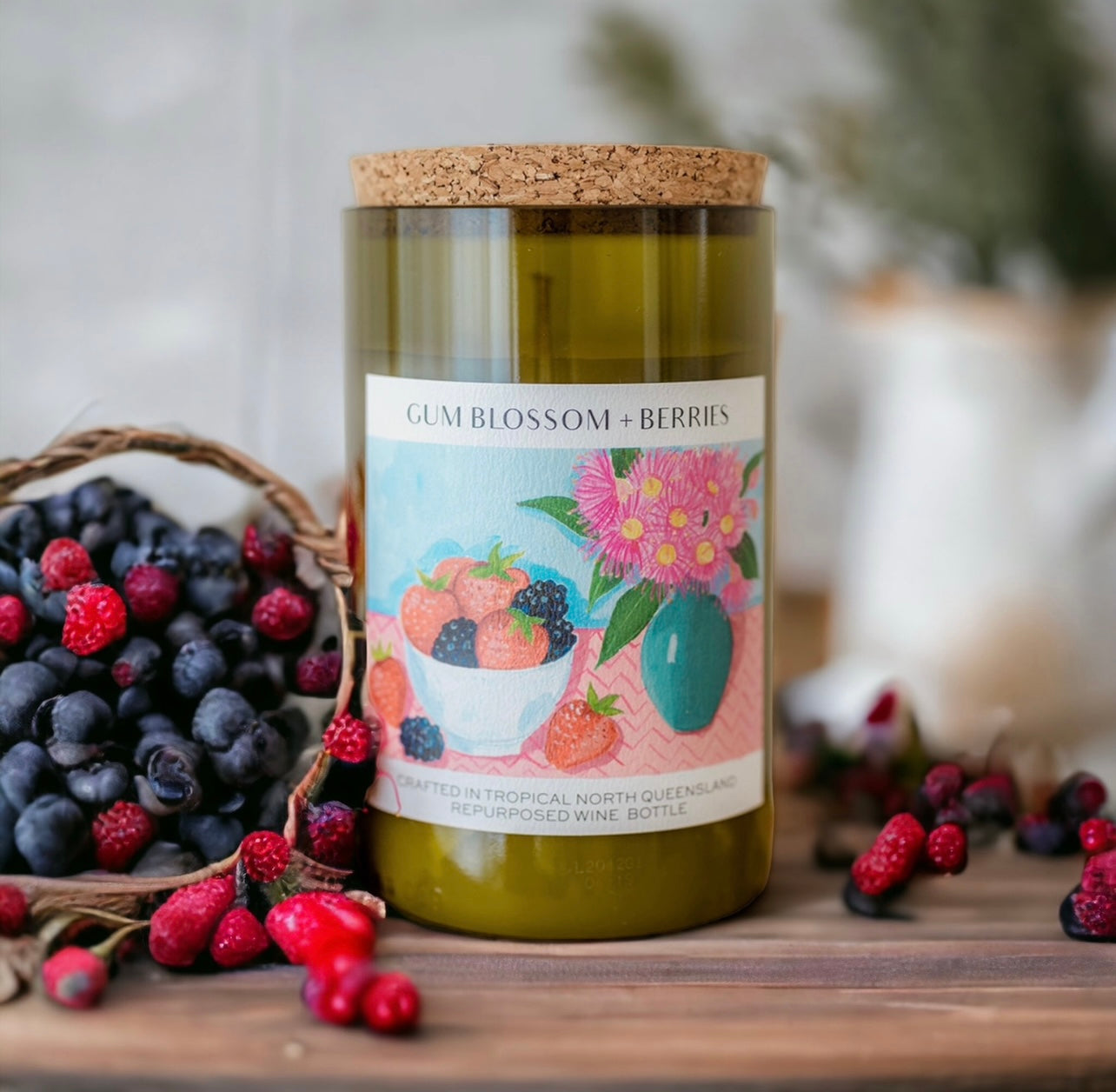 GUM BLOSSOM + BERRIES - WINE BOTTLE CANDLE