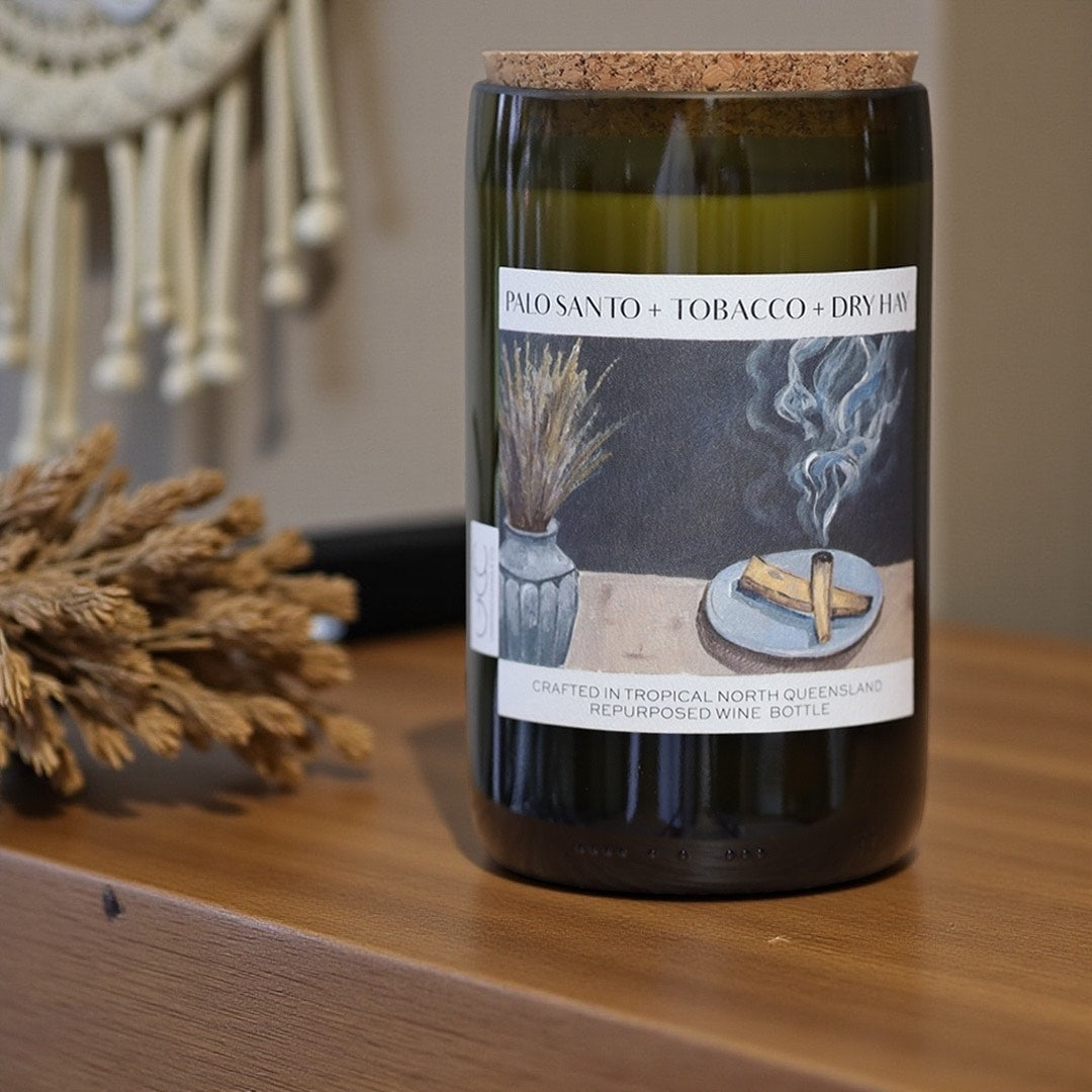 PALO SANTO + TOBACCO + DRY HAY – WINE BOTTLE CANDLE