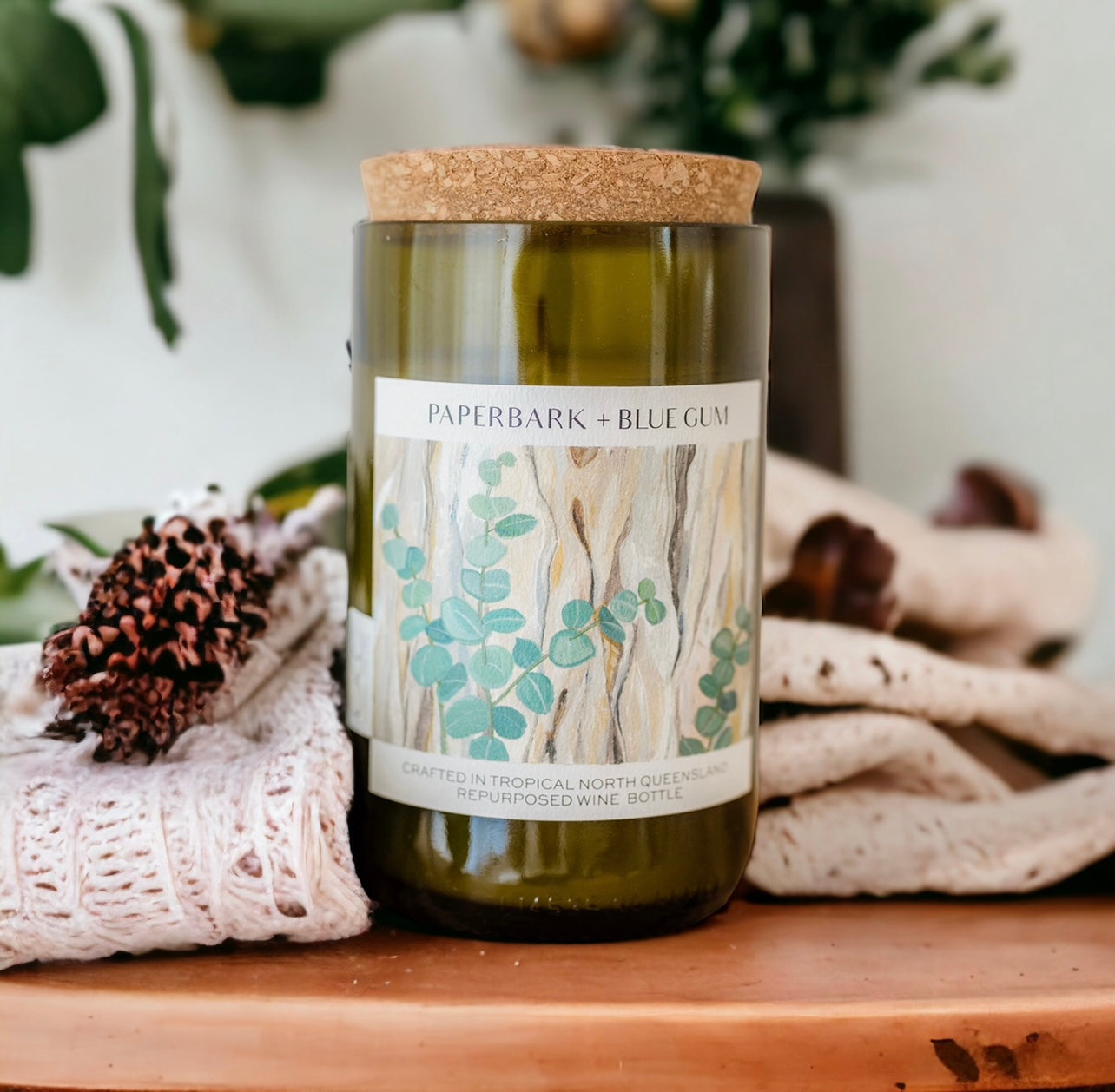 PAPERBARK + BLUE GUM - WINE BOTTLE CANDLE