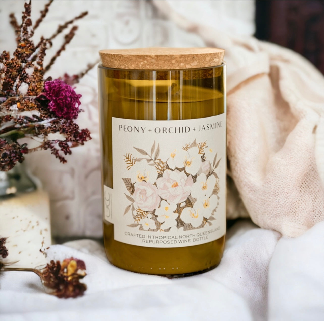 PEONY + ORCHID + JASMINE – WINE BOTTLE CANDLE